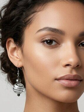 Lampwork Clear Glass Bead with Black Swirls Pierced Earrings